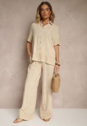 Beżowy Wiskozowy Komplet Oversize z Haftem Koszula i Spodnie Iffussa. Brązowe koszule Renee, l, bez wzorów, z materiału, eleganckie, bez kołnierzyka, bez ramiączek. W wyprzedaży za 127.99 zł.