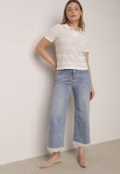 Niebieskie Szerokie Jeansy Ozdobione na Dole Koronką Salioneth. Niebieskie jeansy Born2be, l, z aplikacjami, z bawełny, eleganckie, z podwyższonym stanem. Za 119.99 zł.