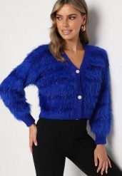Niebieski Puchaty Kardigan z Wełną z Ozdobnymi Guzikami i Ściągaczami przy Rękawach Mevalisa. Niebieskie swetry Born2be, s, bez wzorów, z jeansu, eleganckie, bez ramiączek. W wyprzedaży za 76.49 zł.