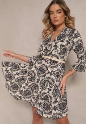 Beżowo-Czarna Bawełniana Sukienka o Rozkloszowanym Kroju w Ornamentalny Print Laniwea. Czarne sukienki Renee, na co dzień, l, bez wzorów, z bawełny, bez kołnierzyka, bez ramiączek, mini, rozkloszowane. W wyprzedaży za 43.99 zł.