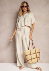 Beżowy 2-Częściowy Komplet z Wiskozy Koszula o Luźnym Kroju Szerokie Spodnie Velvitela. Brązowe koszule Renee, bez wzorów, z materiału, eleganckie, bez kołnierzyka, bez ramiączek. W wyprzedaży za 111.99 zł.