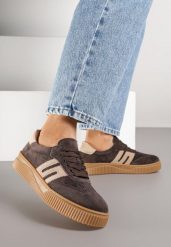 Ciemnobrązowe Sneakersy Tenisówki ze Skóry Naturalnej z Geometrycznym Motywem Haleria. Brązowe trampki Born2be, bez wzorów, ze skóry, bez zapięcia. Za 199.99 zł.