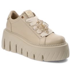 Beżowe Sneakersy Chebello Modne Obuwie Damskie Na Platformie. Brązowe buty treningowe CheBello, z aplikacjami, z jeansu, bez zapięcia. Za 479.00 zł.