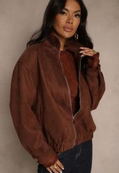Brązowa Zasuwana Kurtka Bomberka w Stylistyce Y2K Zenora. Brązowe kurtki Renee, l, bez wzorów, z jeansu, eleganckie, bez kaptura. Za 239.99 zł.