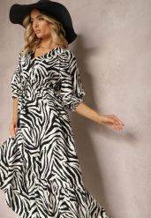 Czarno-Biała Sukienka z Wiskozy i Bawełny Ozdobiona Falbaną i Sznurkiem w Pasie Vantia. Czarne sukienki Renee, na co dzień, l, bez wzorów, z bawełny, eleganckie, bez kołnierzyka, bez ramiączek, maxi, dopasowane. W wyprzedaży za 107.99 zł.