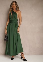Ciemnozielona Sukienka Koktajlowa Multiway z Wiskozą Wiązana na Szyi Lilovea. Zielone sukienki Renee, na imprezę, l, bez wzorów, z wiskozy, eleganckie, bez kołnierzyka, bez ramiączek, maxi, rozkloszowane. Za 189.99 zł.