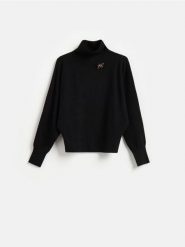Sweter z ozdobnym detalem - czarny. Czarne swetry Reserved, l, bez wzorów, z dzianiny, bez ramiączek. Za 149.99 zł.