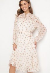 Jasnobeżowa Sukienka Rozkloszowana Wiązana w Talii i Pod Dekoltem w Kwiaty Ronarae. Brązowe sukienki Born2be, na co dzień, l, bez wzorów, eleganckie, bez kołnierzyka, bez ramiączek, midi, rozkloszowane. W wyprzedaży za 152.99 zł.