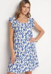 Niebieska Sukienka z Bawełny o Rozkloszowanym Kroju z Falbankami Zamiast Rękawów Jenalinea. Niebieskie sukienki Born2be, na co dzień, l, bez wzorów, z bawełny, eleganckie, bez kołnierzyka, bez ramiączek, midi, rozkloszowane. Za 69.99 zł.