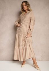Ciemnobeżowa Wiskozowa Sukienka o Rozkloszowanym Kroju z Koronką Gonalorin. Brązowe sukienki Renee, na co dzień, l, z aplikacjami, z koronki, eleganckie, bez kołnierzyka, bez ramiączek, maxi, rozkloszowane. W wyprzedaży za 127.99 zł.