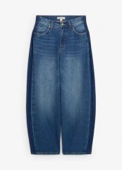 Dżinsy typu barrel, high waist, skrócona długość. Niebieskie jeansy bonprix, bez wzorów, z jeansu, z podwyższonym stanem. Za 169.99 zł.