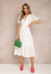 Biała Sukienka Evonia. Białe sukienki Renee, m, z aplikacjami, boho, bez kołnierzyka, bez ramiączek, midi, rozkloszowane. W wyprzedaży za 167.99 zł.