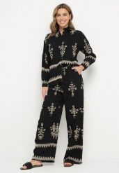 Czarny Komplet z Wiskozy w Stylu Boho Koszula i Spodnie Zdobione Haftem Sarhiris. Czarne koszule Born2be, m, z aplikacjami, z wiskozy, boho, bez kołnierzyka, bez ramiączek. Za 199.99 zł.