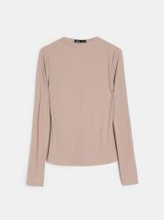 Prążkowana bluzka z zabudowanym dekoltem z domieszką wiskozy - beżowy. Brązowe bluzki Sinsay, l, bez wzorów, prążkowane, bez kołnierzyka, bez ramiączek. Za 29.99 zł.