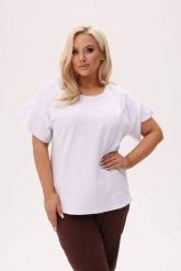 Biała basicowa bluzka Fala z falującym rękawem PLUS SIZE XXL OVERSIZE. Białe bluzki Moda Size Plus Iwanek, l, bez wzorów, z bawełny, biznesowe, bez kołnierzyka, plus size, bez ramiączek. Za 149.90 zł.
