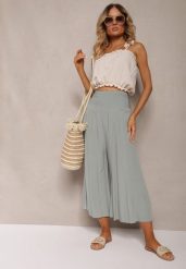 Jasnozielone Szerokie Spodnie High Waist o Długości 7/8 Rathi. Zielone jeansy Renee, m, bez wzorów, z jeansu, z podwyższonym stanem. W wyprzedaży za 39.99 zł.