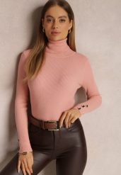 Różowy Golf z Prążkowanej Dzianiny Mesha. Czerwone swetry Renee, na jesień, m, bez wzorów, z dzianiny, bez ramiączek. W wyprzedaży za 55.99 zł.