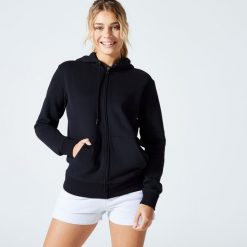 Bluza na zamek damska Domyos Gym & Pilates. Czarne bluzy NYAMBA, xl, bez wzorów, z bawełny, sportowe, bez ramiączek, bez kaptura. Za 99.99 zł.