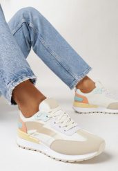 Beżowo-Białe Sneakersy z Kolorowymi Wstawkami Rawilo. Brązowe buty sportowe lifestyle Born2be, bez wzorów, z dresówki, klasyczne, bez zapięcia. W wyprzedaży za 46.74 zł.