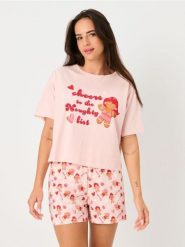 Świąteczna piżama dwuczęściowa z motywem pierniczków - różowy. Czerwone piżamy Sinsay, l, bez wzorów, bez kołnierzyka, bez ramiączek. Za 39.99 zł.