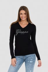 GUESS Czarny damski sweter Saige Logo Vn Ls Swtr. Czarne swetry Guess, s, z aplikacjami, z materiału, eleganckie, bez ramiączek. W wyprzedaży za 324.99 zł.