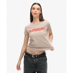 Dopasowana koszulka z logo odzieży sportowej. Brązowa t-shirty sportowe Superdry, l, bez wzorów, bez ramiączek. Za 125.85 zł.