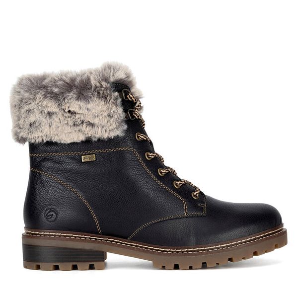 Trzewiki Remonte. Czarne botki Remonte, bez wzorów, bez obcasa, na płaskiej podeszwie, bez zapięcia. Za 423.00 zł.