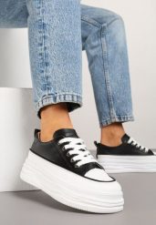Czarno-Białe Trampki na Grubej Podeszwie z Tłoczeniami Tirlima. Czarne trampki Born2be, bez wzorów, z jeansu, eleganckie, bez zapięcia. W wyprzedaży za 42.49 zł.