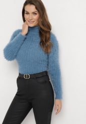 Granatowy Puchaty Golf z Wełną i Długim Rękawem Bullame. Niebieskie swetry Born2be, bez wzorów, z wełny, bez ramiączek. Za 49.99 zł.