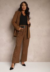 Brązowe Szerokie Spodnie Garniturowe z Wiskozą High Waist Ozdobione Paskiem Elowanda. Brązowe jeansy Renee, bez wzorów, z jeansu, eleganckie, z podwyższonym stanem. W wyprzedaży za 91.99 zł.