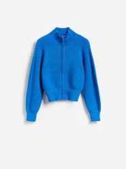 Rozpinany sweter z wiskozą - jasnoniebieski. Niebieskie swetry Reserved, l, bez wzorów, z dzianiny, bez ramiączek. Za 139.99 zł.
