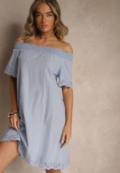 Jasnoniebieska Sukienka o Kroju Hiszpanki z Bawełny z Ażurowymi Zdobieniami Filviana. Niebieskie sukienki Renee, na co dzień, l, z aplikacjami, z bawełny, eleganckie, bez kołnierzyka, bez ramiączek, mini, rozkloszowane. W wyprzedaży za 67.99 zł.