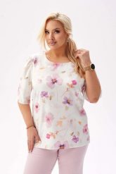 Bluzka Spring z krótkim rękawem i lekką bufką w kolorze ecru w kwiaty PLUS SIZE XXL. Czerwone bluzki Moda Size Plus Iwanek, plus size, bez wzorów, z elastanu, biznesowe, bez kołnierzyka, plus size, bez ramiączek. Za 169.90 zł.