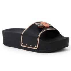 Klapki turystyczne damskie Scholl Pescura Moon Wedge. Czarne klapki Scholl, bez wzorów, z materiału, eleganckie, bez obcasa, na koturnie, bez zapięcia. Za 187.04 zł.