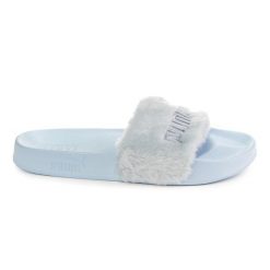 Fenty x Puma, niebieskie klapki flatform z tłoczonym logo. Brązowe klapki 187, bez wzorów, z materiału, casualowe, bez obcasa, bez zapięcia. Za 288.99 zł.