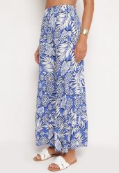 Niebieskie Wiskozowe Spodnie z Szerokimi Nogawkami z Gumką w Pasie Ozdobione Falbanką Jasmalia. Niebieskie jeansy Born2be, bez wzorów, z jeansu, eleganckie. Za 69.99 zł.