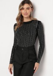 Czarny Dzianinowy Sweter z Okrągłym Dekoltem Ozdobiony Paskami z Cyrkoniami Faweni. Czarne swetry Born2be, m, bez wzorów, z dzianiny, eleganckie, bez ramiączek. W wyprzedaży za 127.49 zł.