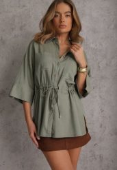 Zielona Koszula z Lnem Bawełną i Szerokimi Rękawami Moontwist. Zielone koszule Renee, m, bez wzorów, z bawełny, casualowe, bez kołnierzyka, bez ramiączek. Za 139.99 zł.