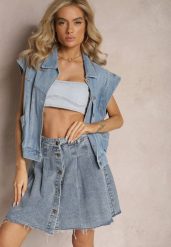Niebieska Jeansowa Spódnica Mini z Zakładkami Hollette. Niebieskie spódnice Renee, xs, z aplikacjami, z jeansu, eleganckie, mini. W wyprzedaży za 59.99 zł.