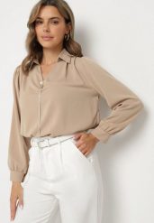 Beżowa Bluzka z Kołnierzykiem i Odpinanym Łańcuszkiem z Cyrkoniami Gonwira. Brązowe bluzki Born2be, uniwersalny, bez wzorów, z jeansu, eleganckie, bez kołnierzyka, bez ramiączek. W wyprzedaży za 63.74 zł.
