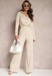 Beżowe Spodnie o Szerokim Kroju w Ozdobny Print z Kieszeniami Ashel. Brązowe jeansy Renee, bez wzorów, z jeansu, eleganckie. W wyprzedaży za 75.99 zł.