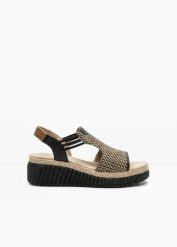 Sandały Tom Tailor, na koturnie o wyglądzie plecionki. Czarne sandały bonprix, bez wzorów, bez obcasa, na koturnie, bez zapięcia. Za 249.99 zł.