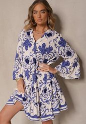 Niebieska Rozkloszowana Sukienka z Wiskozy Zdobiona Etnicznym Printem Pasiretia. Niebieskie sukienki Renee, na co dzień, l, z aplikacjami, z wiskozy, eleganckie, bez kołnierzyka, bez ramiączek, mini, rozkloszowane. W wyprzedaży za 97.99 zł.
