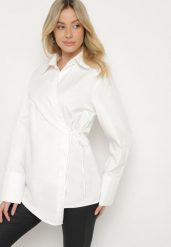 Biała Bawełniana Bluzka Koszulowa Kimono z Asymetrycznym Wiązaniem Delwena. Białe bluzki Born2be, l, bez wzorów, z bawełny, biznesowe, z asymetrycznym kołnierzem, bez ramiączek. W wyprzedaży za 127.49 zł.