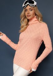 Pomarańczowy Golf z Wiskozą w Tłoczony Wzór Przeszyty Metaliczną Nitką Neldora. Brązowe swetry Renee, na zimę, bez wzorów, z jeansu, eleganckie, bez ramiączek. W wyprzedaży za 71.99 zł.
