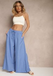 Niebieskie Szerokie Spodnie High Waist Ozdobione Wiązaniem Telonia. Niebieskie jeansy Renee, xl, bez wzorów, z jeansu, eleganckie, z podwyższonym stanem. W wyprzedaży za 29.99 zł.