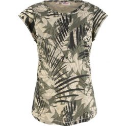 T-shirt z bawełny z nadrukiem i minirękawkami. Zielone t-shirty bonprix, bez wzorów, z bawełny, bez kołnierzyka, bez ramiączek. Za 42.99 zł.