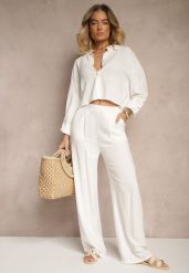 Białe Spodnie z Lnem i Bawełną o Szerokim Kroju High Waist Sallieta. Białe jeansy Renee, bez wzorów, z bawełny, z podwyższonym stanem. W wyprzedaży za 67.99 zł.