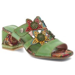 Klapki damskie Laura Vita, cholewka skóra naturalna kwiatowe aplikacje wsuwany fason otwarty nosek stabilny obcas miękka wkładka, zielone, Jacqueso 0. Zielone klapki LAURA VITA, z aplikacjami, ze skóry, z otwartym noskiem, bez obcasa, na obcasie, bez zapięcia. Za 309.00 zł.