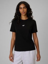 4F T-shirt regular gładki damski - czarny M. Czarne t-shirty sportowe 4f, m, bez wzorów, z materiału, bez ramiączek, na fitness i siłownię. Za 49.99 zł.